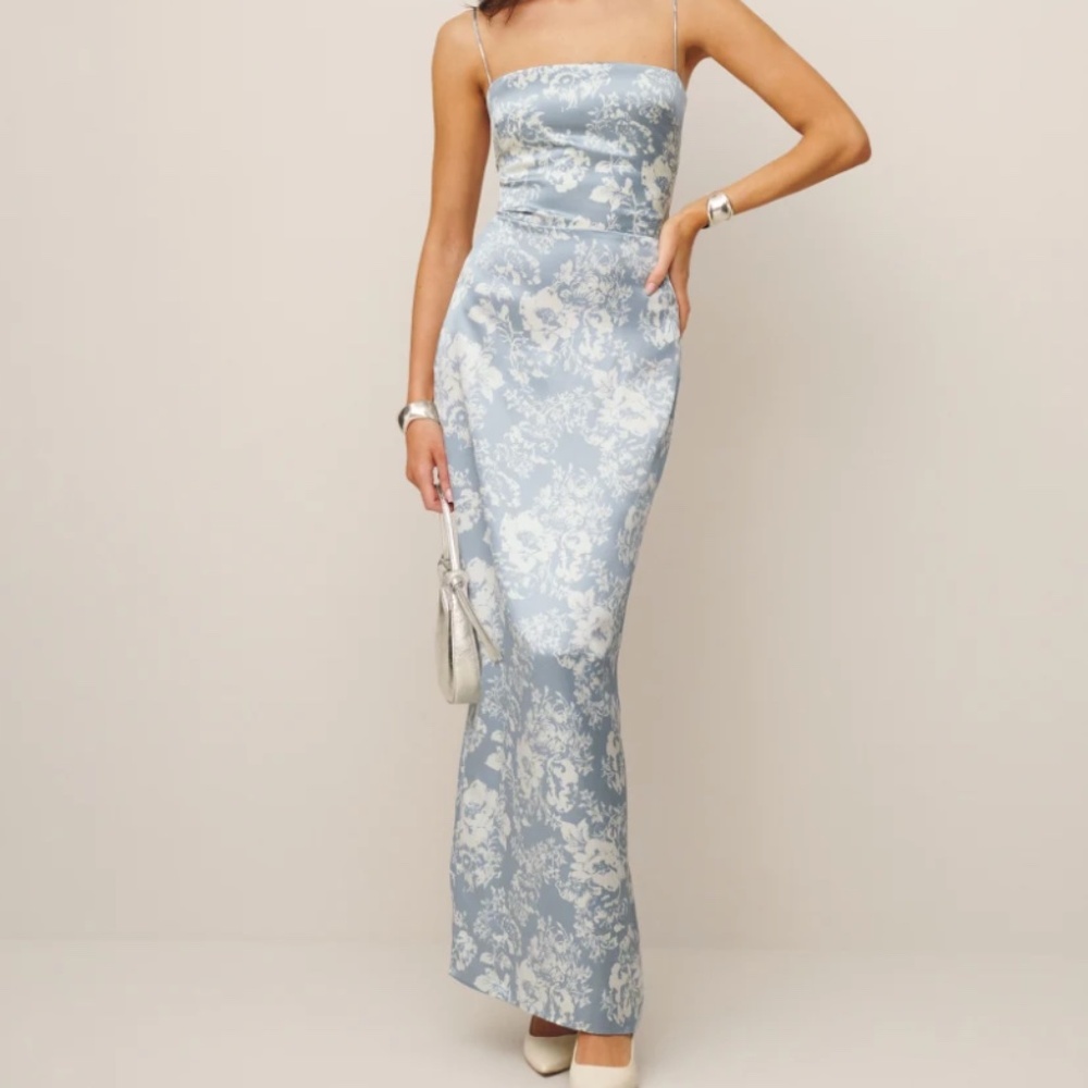 Reformation Frankie Silk Dress Porcelain Baby Blue Floral Size 4